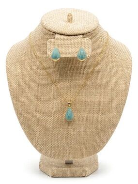 Gold Teardrop Necklace & Earrings Set with Aqua Beaded Teardrops